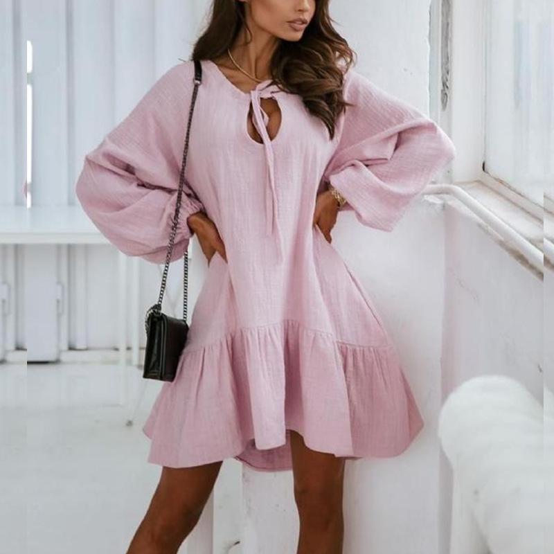 Women Lace Up Linen Long Sleeves Short Dresses-STYLEGOING