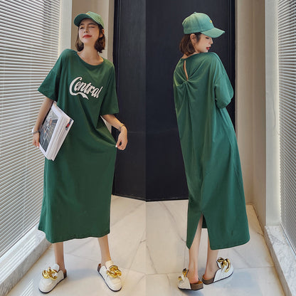 Summer Green Backless Short Sleeves Long T Shirts Dresses