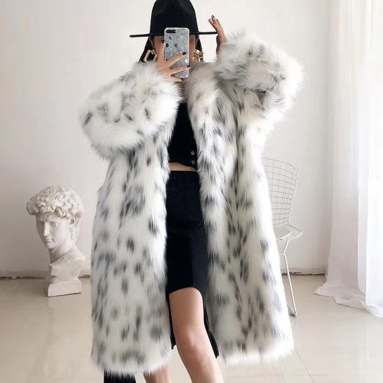 Winter Warm Artificial Fox Fur Long Overcoat for Women