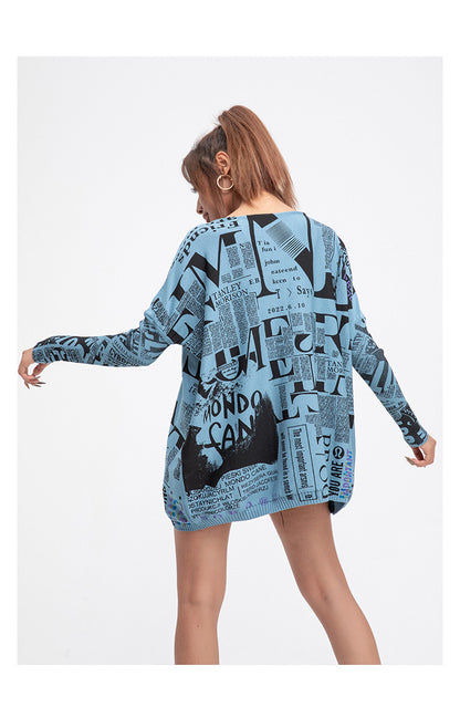 Casual Newspaper Pattern Women Loose Long Sleeves Shirts