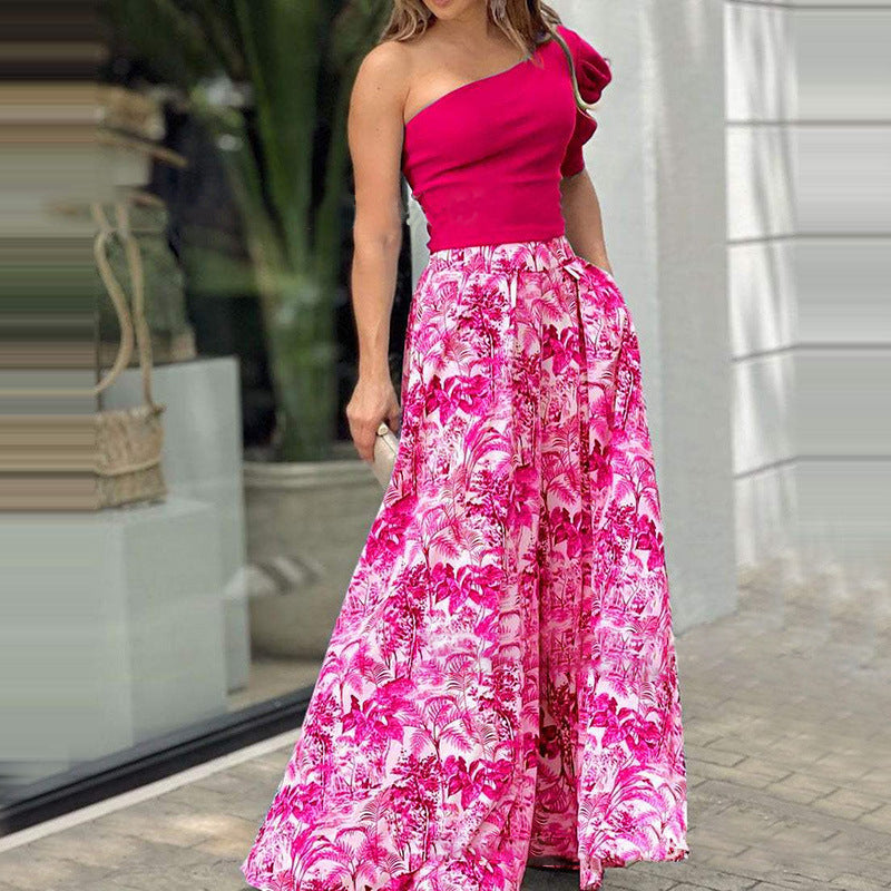 Sexy One Shoulder Tank Top & Wide Leg Pants Summer Women Outfits