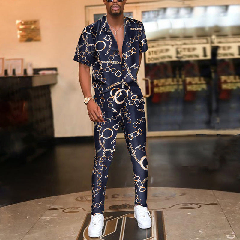 Summer Floral Print Casual Men's Shirts and Pants Sets