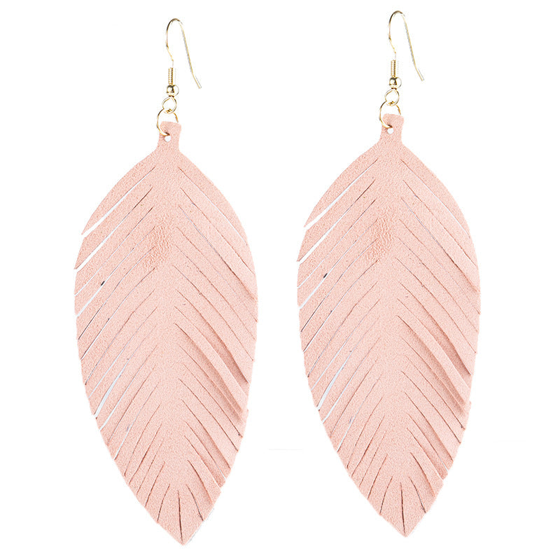 Leaves Designed Tassels Pu Leather Women Earrings