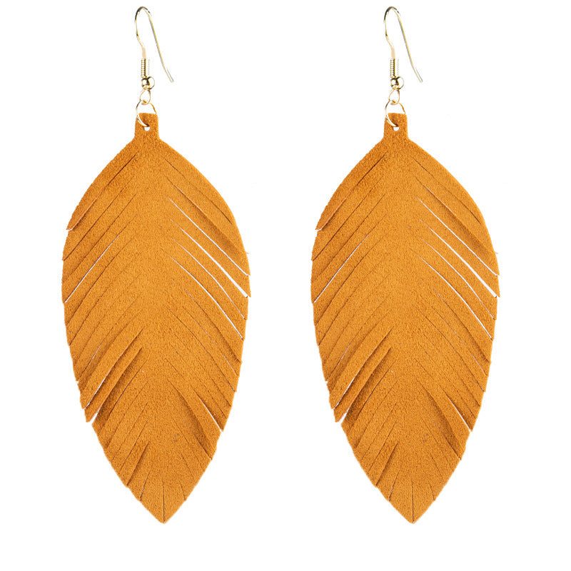 Leaves Designed Tassels Pu Leather Women Earrings