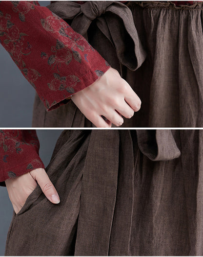 Vintage V Neck Flower Designed Slim Waist Long Maxi Dresses