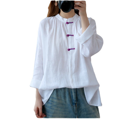 Vintage Linen White Long Sleeves Women Top Shirts