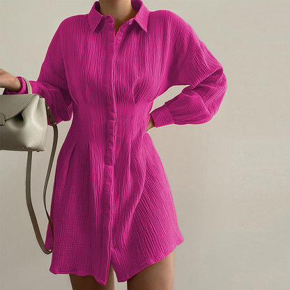 Rose Red Cotton Long Sleeves Short Women Shrit Dresses