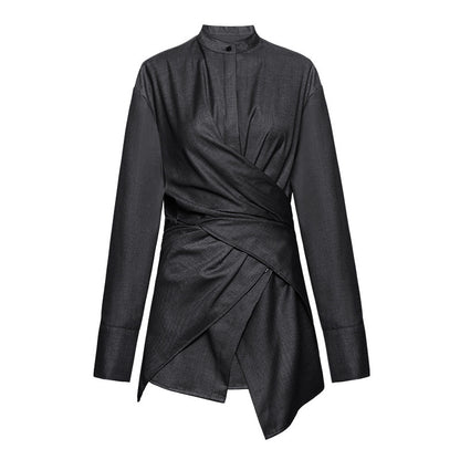 Designed Stand Collar Irregular Women Long Sleeves Shirts
