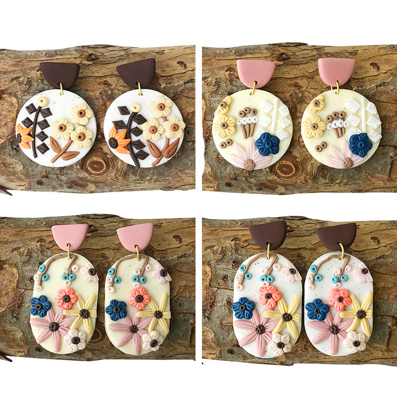 Engraved Flowers Handmade Clay Earrings for Women