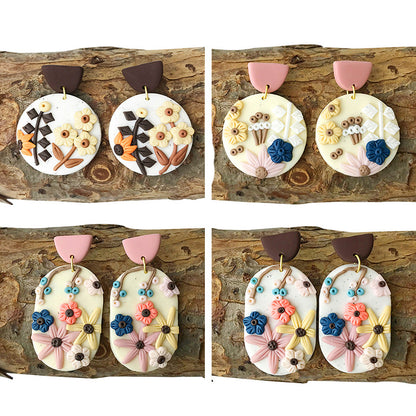 Engraved Flowers Handmade Clay Earrings for Women