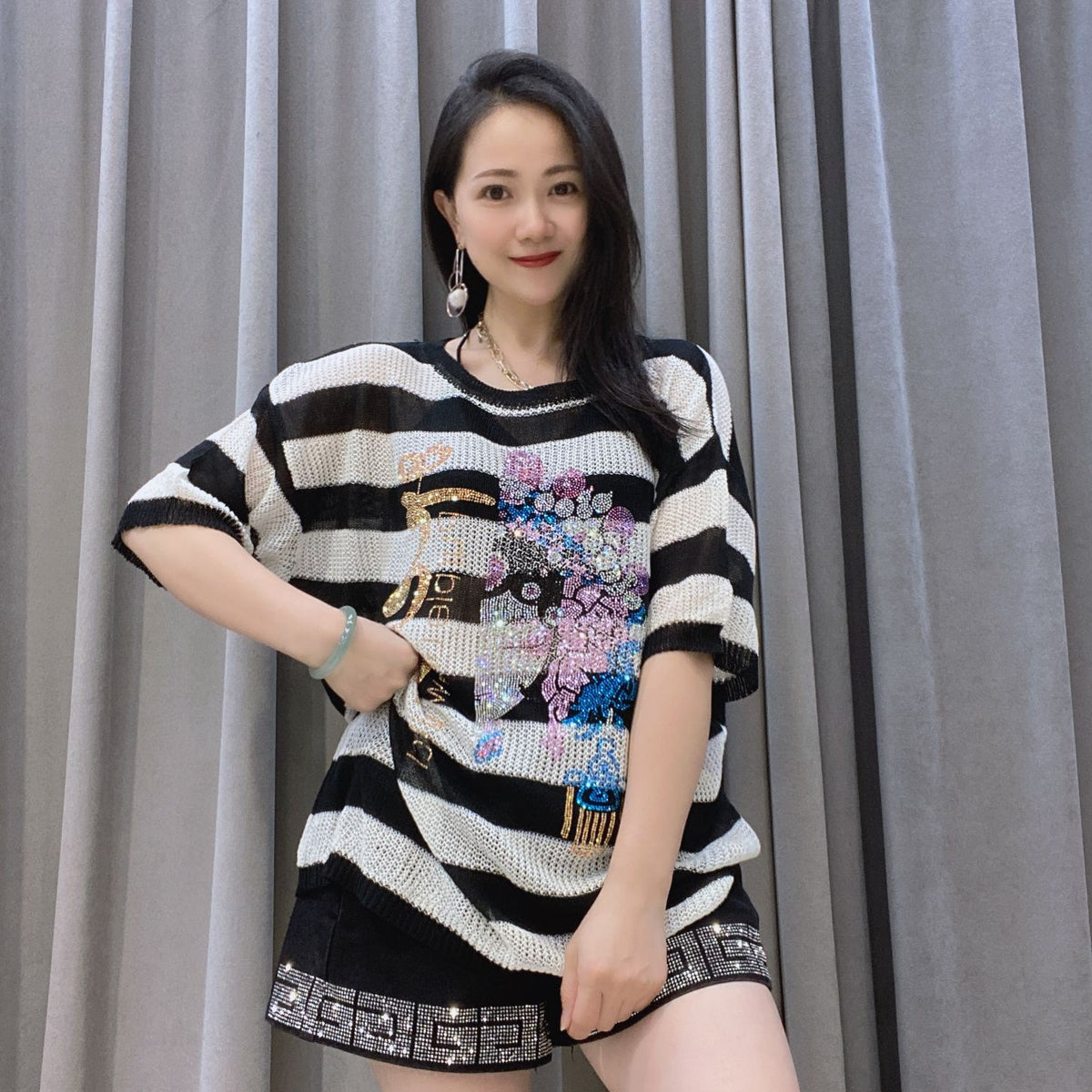 Summer Striped Diamond See Through Knitting Short Sleeves T Shirts