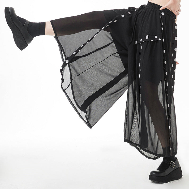 Black Tulle Dot Print High Waist Wide Legs Pants