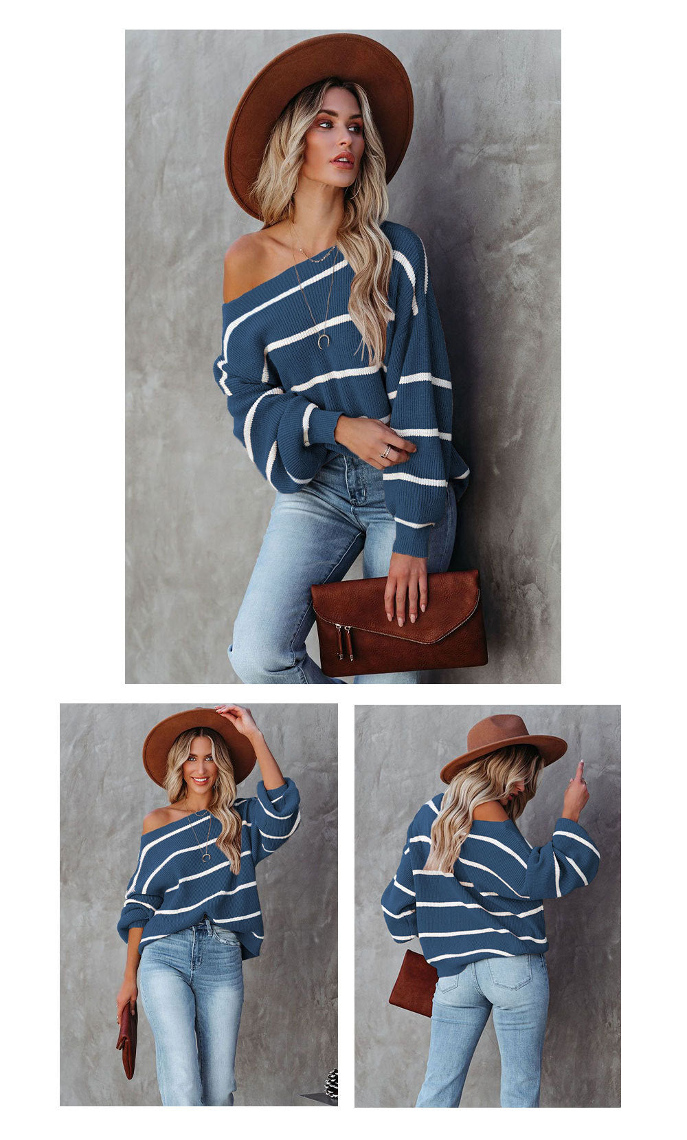 Women Off The Shoulder Striped Knitted Pullover Sweaters