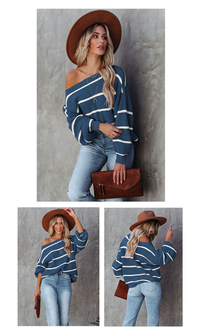 Women Off The Shoulder Striped Knitted Pullover Sweaters