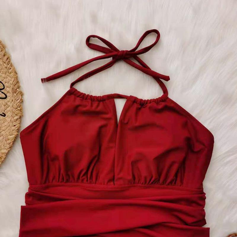 Wine Red Halter Plus Sizes Swimwear-STYLEGOING