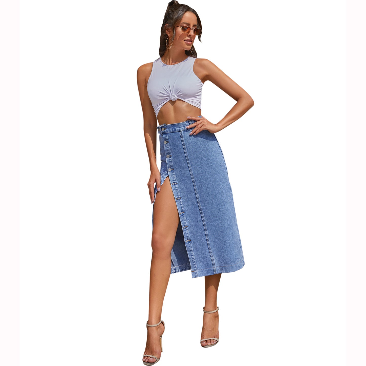 Sexy High Waist Slit Front Denim Skirts for Women