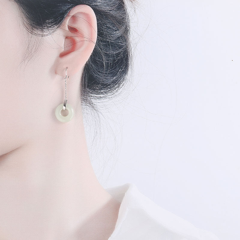 Lovely Nephrite Hook Tassel Silver Earrings for Women