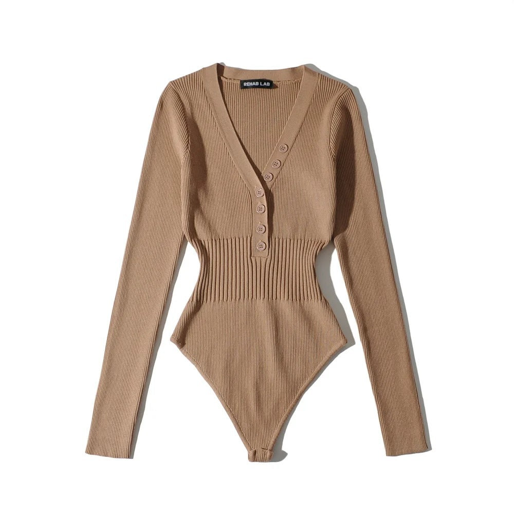 Women Slim Waist Long Sleeves Knitting Basic Romper Shirts