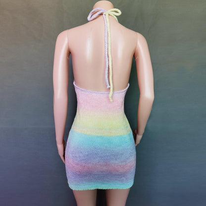 Sexy Deep V-neck Rainbow Knitting Dresses-STYLEGOING