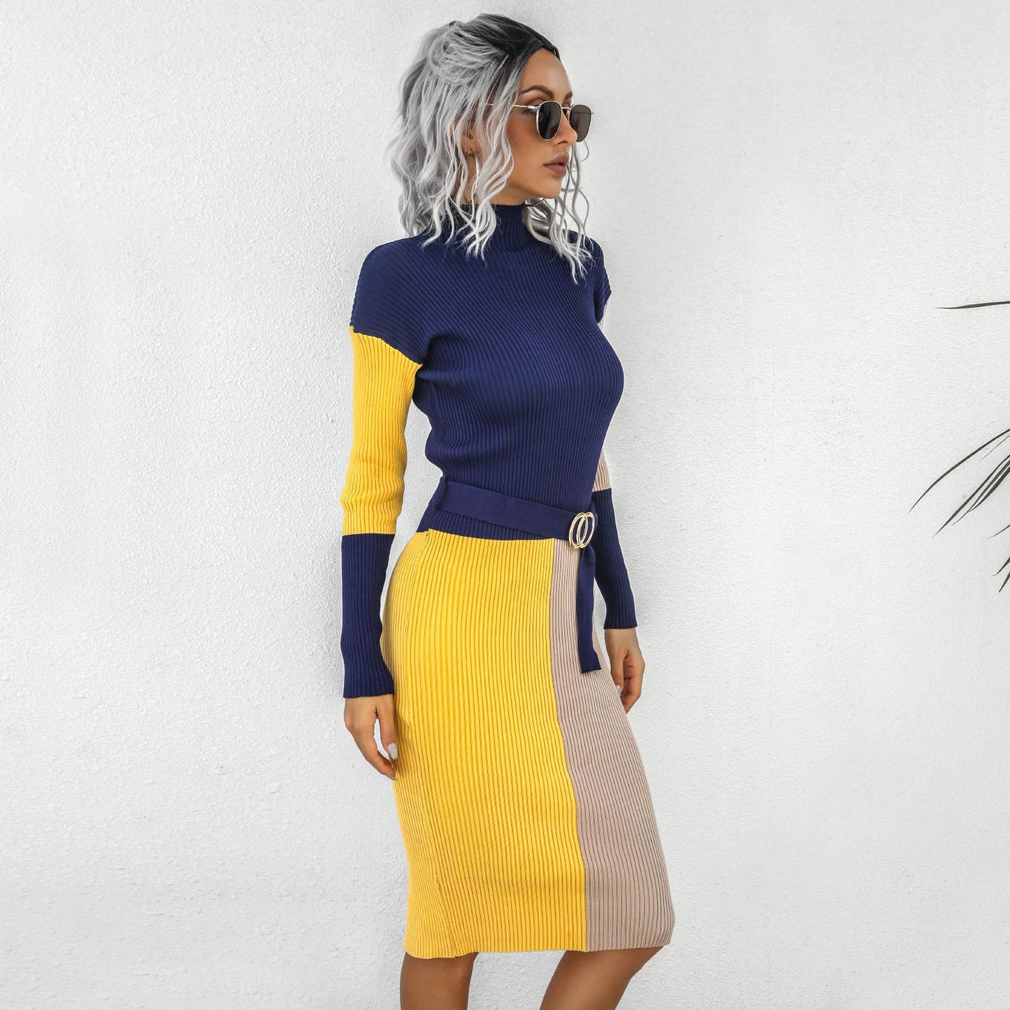 Sexy High Neck Contrast Color Knitting Fall Dresses