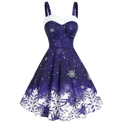Merry Christmas Suspender Straps Snowflake Women Dresses