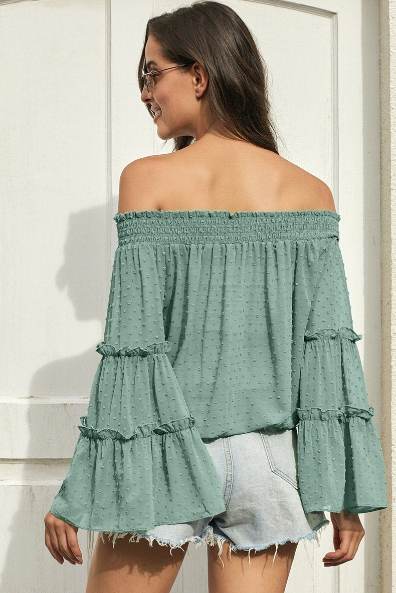 Off The Shoudler Bell Sleeves Chiffon Blouses-STYLEGOING
