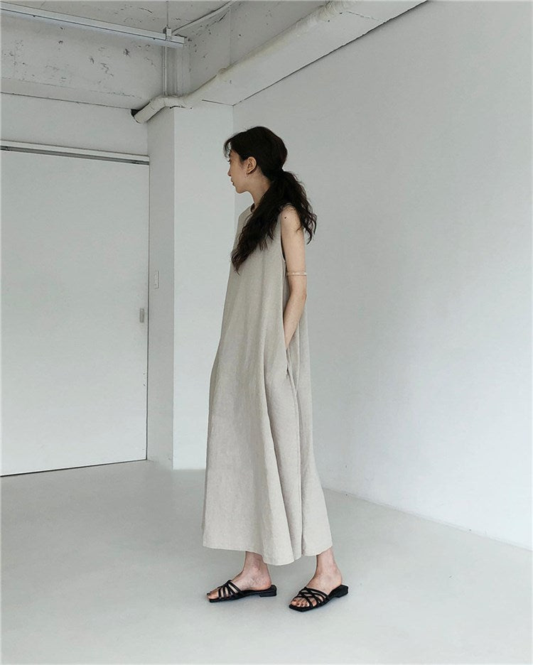 Vintage Cozy Sleeveless Vest Long Dresses with Pockets