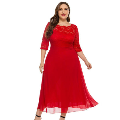 Red 3/4 Length Sleeves Lace Red Plus Size Dresses-STYLEGOING