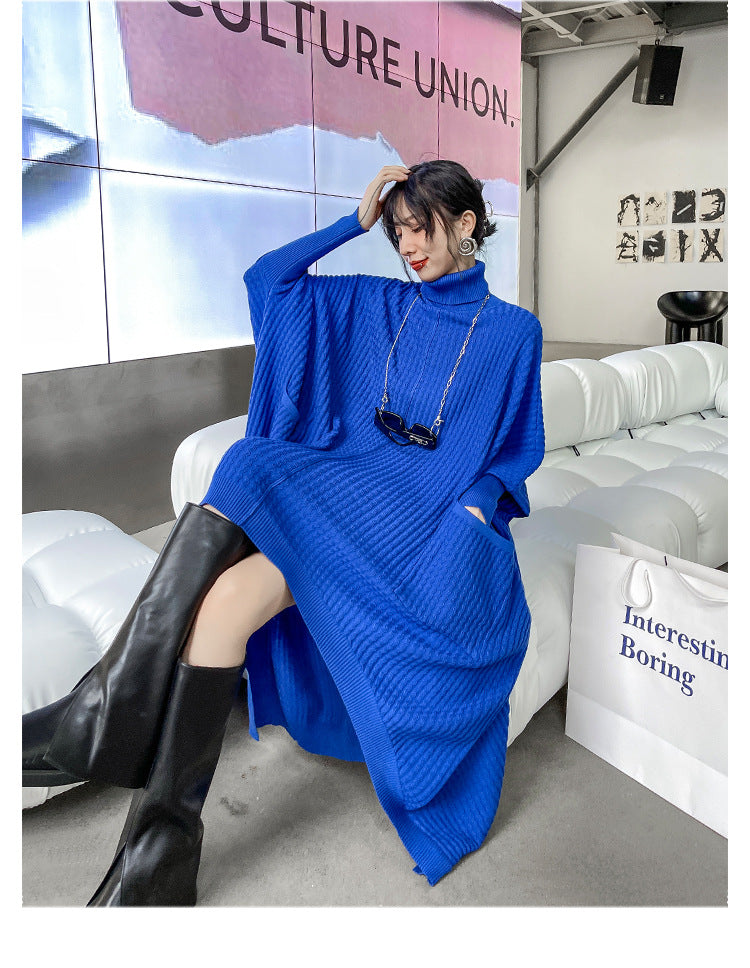 Women High Neck High Low Designed Knitted Long Cozy Dresses