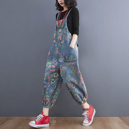 Casual Floral Print Women Denim Suspender Pants