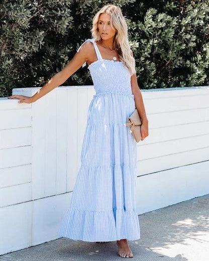 Sleeveless Straps Striped Long Dresses-STYLEGOING