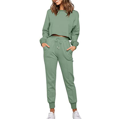 Women Round Neck Drawstring Casual Fall Sporting Suits-STYLEGOING
