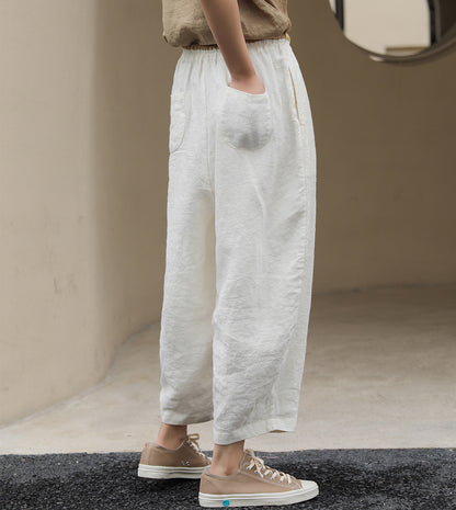 Casual Linen Elastic Waist Cropped Trousers for Women