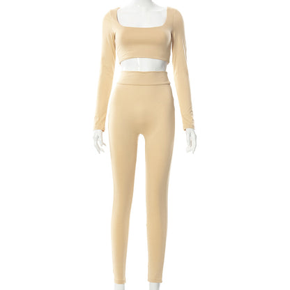 Women High Waist Legging Pants and Long Sleeves Short Tops