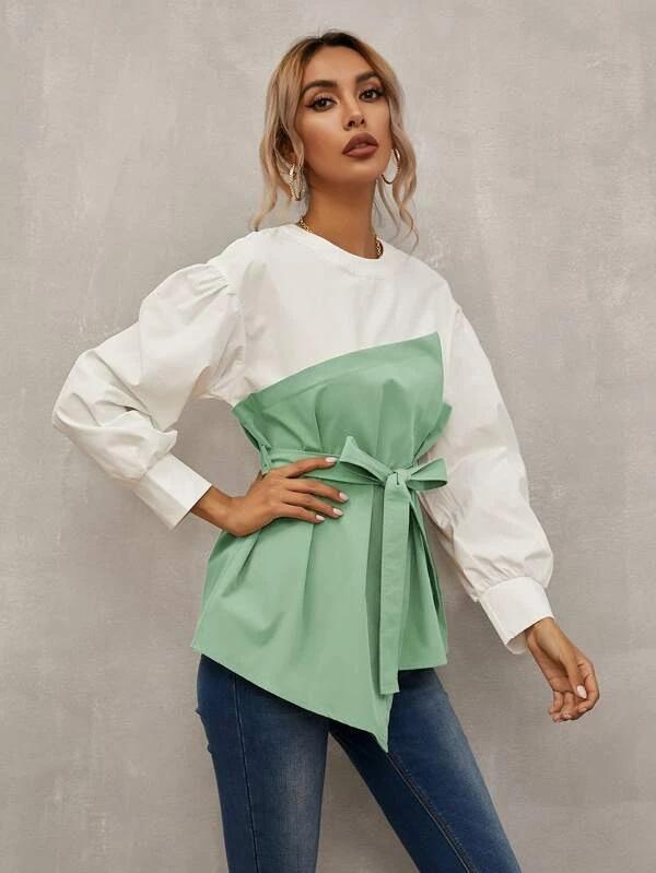 Long Puff Sleeves Belt Loose Shirts-STYLEGOING