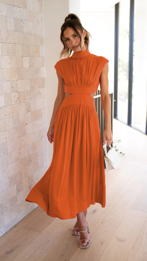 Fashion Stand Collar Waist Baring Summer Long Dresses