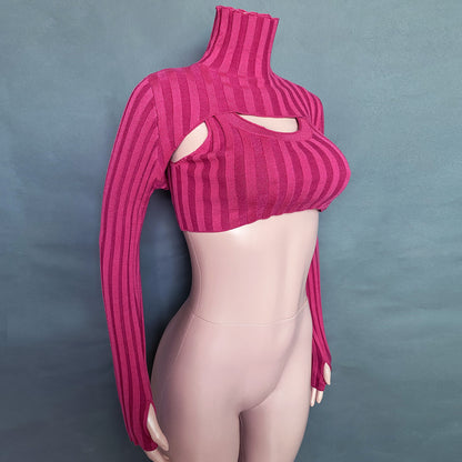 Sexy High Neck Knitting Women Short Tops Suits