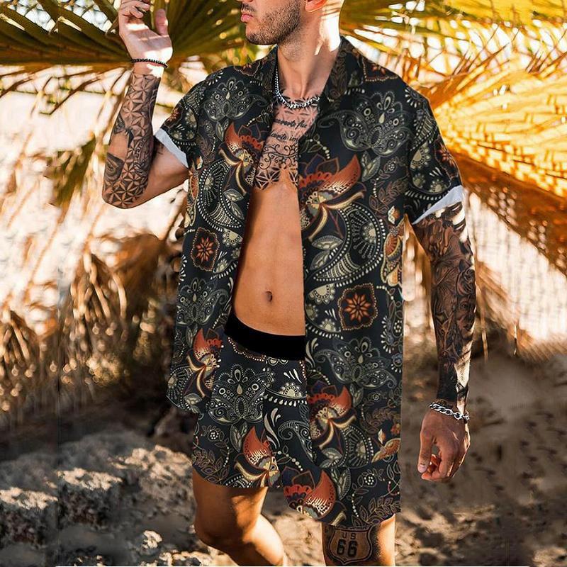 Summer Casual Print Men Beach T-shirts&Shorts Suits-STYLEGOING