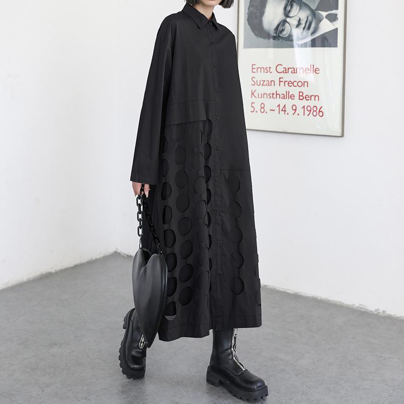 Women Long Sleeves Loose Hollow Out Long Dresses-STYLEGOING