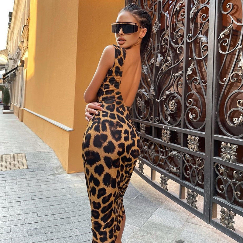 Sexy Leopard Print U Neck Backless Dresses