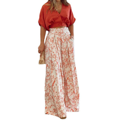 Casual Summer Women Shirts and Wide Leg Pants Suits