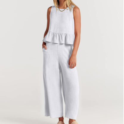 Summer Sleeveless Linen Two Pieces Women Suits