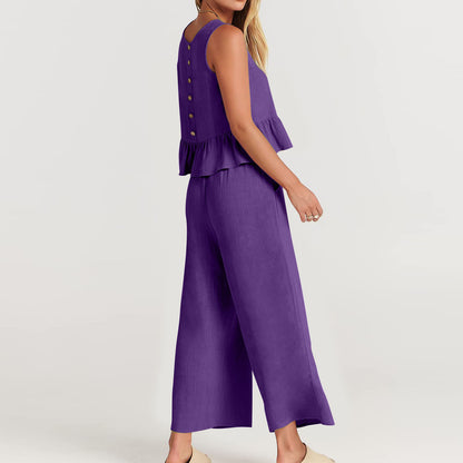 Summer Sleeveless Linen Two Pieces Women Suits