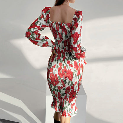 Sexy Red Flowers Long Sleeves Dresses