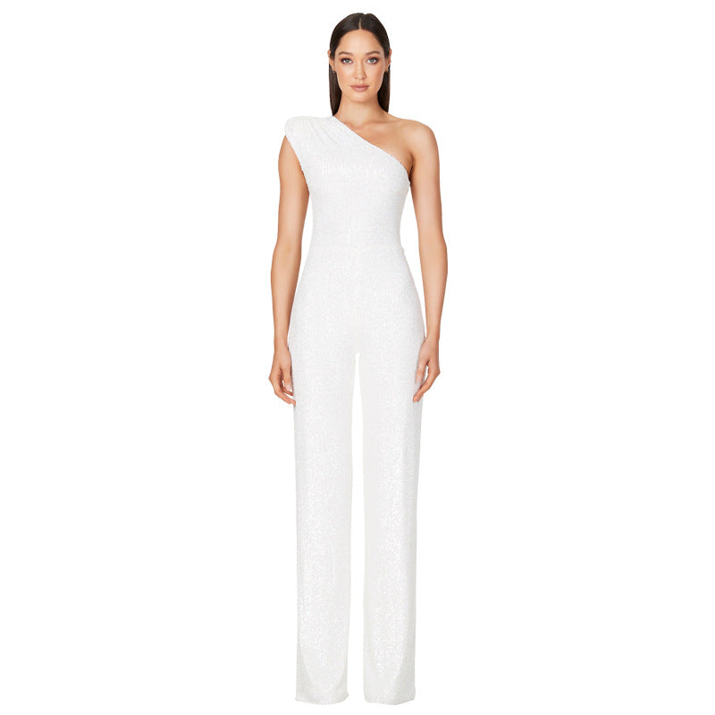 Sexy One Shoulder Sequined Jumpsuits