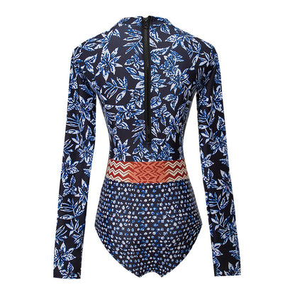 Blue Floral Print Long Sleeves Surf Wear