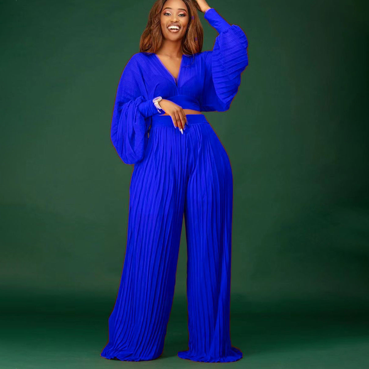 Sexy Women Two Pieces Long Sleeves Short Tops and Wide Legs Pants