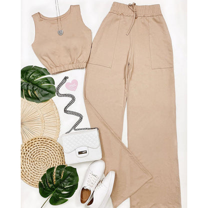 Casual Drawstring Short Tops and Wide Legs Pants