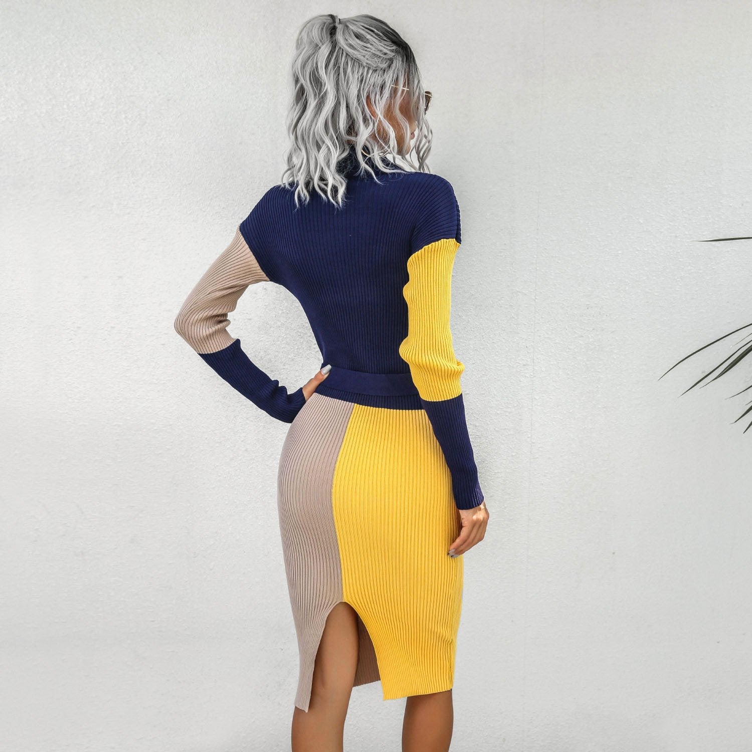 Sexy High Neck Contrast Color Knitting Fall Dresses