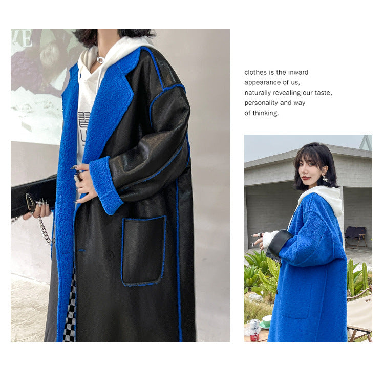 Reversible Leather Fur Thicken Winter Blazer Long Overcoat